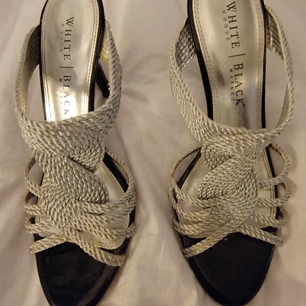 Sz 8.5 Metalic silver with black heel shoesl